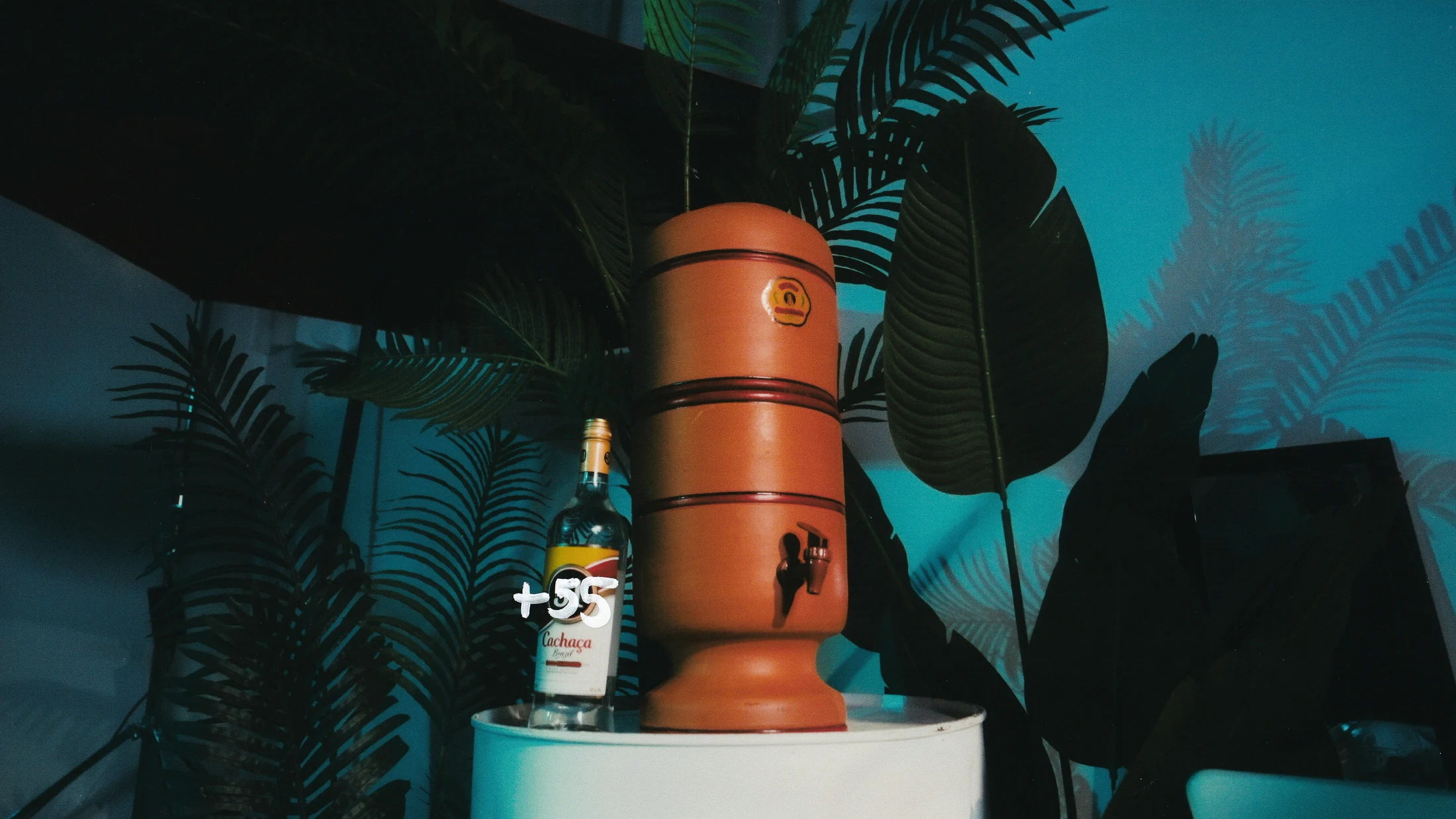 A clay water filter and a Cachaça 51 bottle marked +55 among palms under blue garage lighting