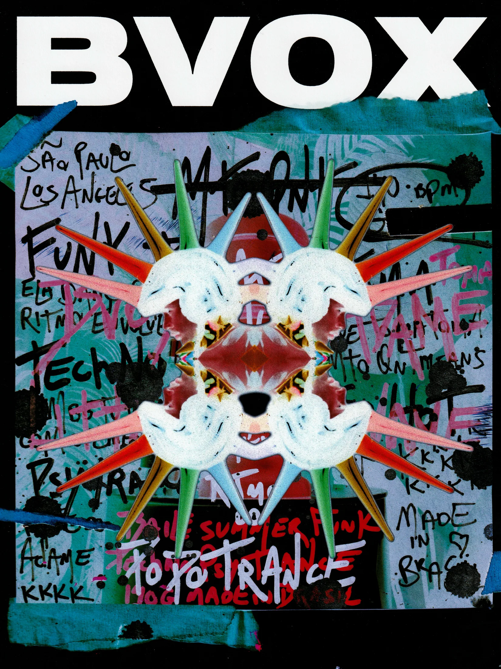 BVOX flyer: mirrored horned artwork over handwritten MTO QNT production notes
