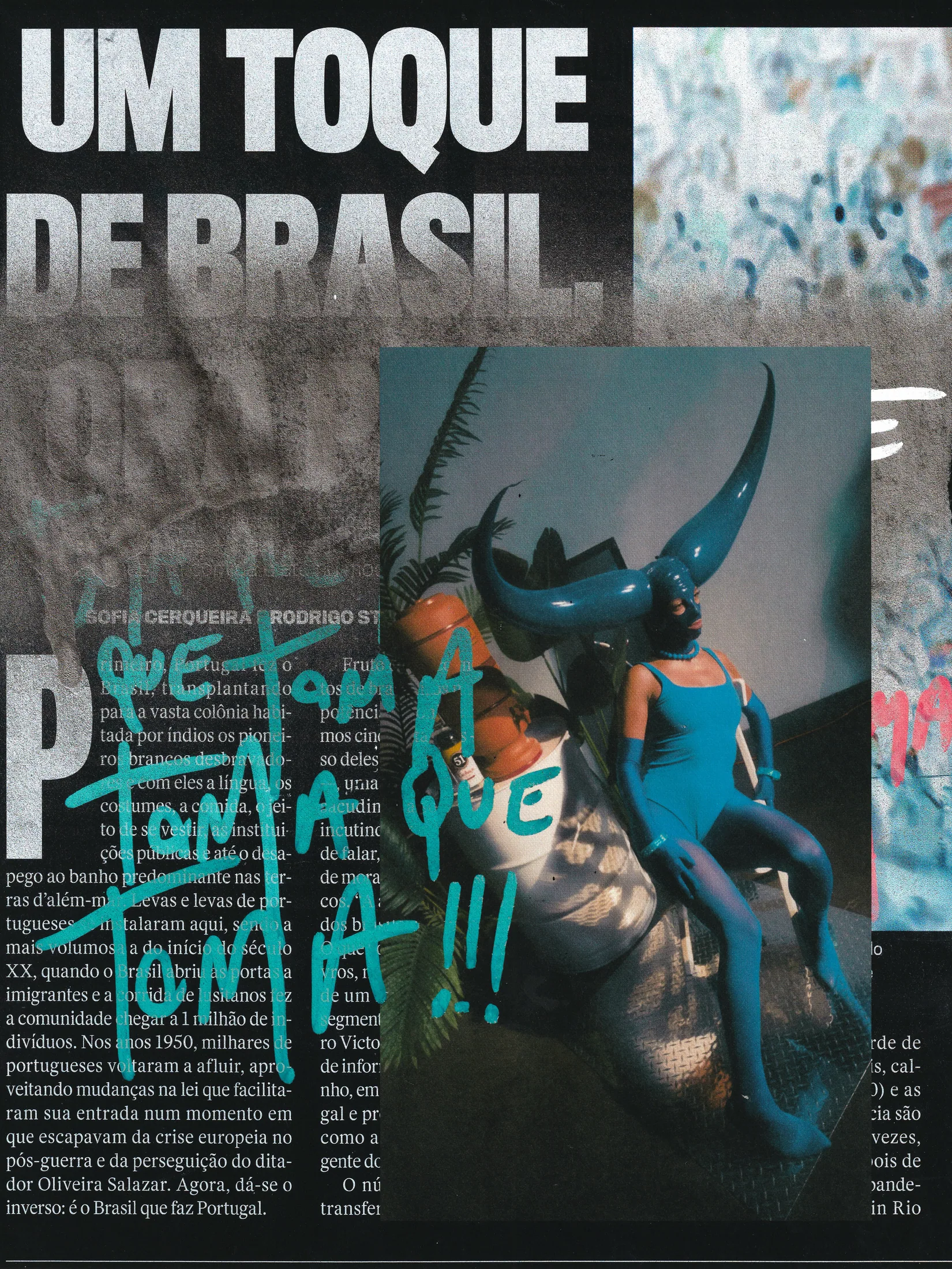 Um toque de Brasil scan with layered type, photography and turquoise handwriting